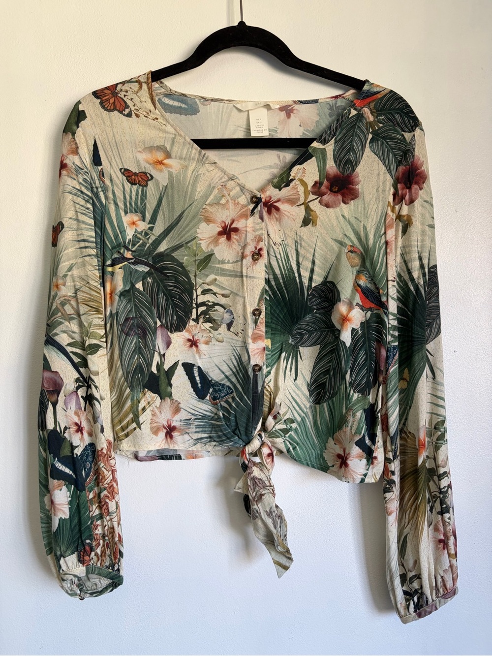 H&M Cream Tropical Tie-Front Floral Blouse